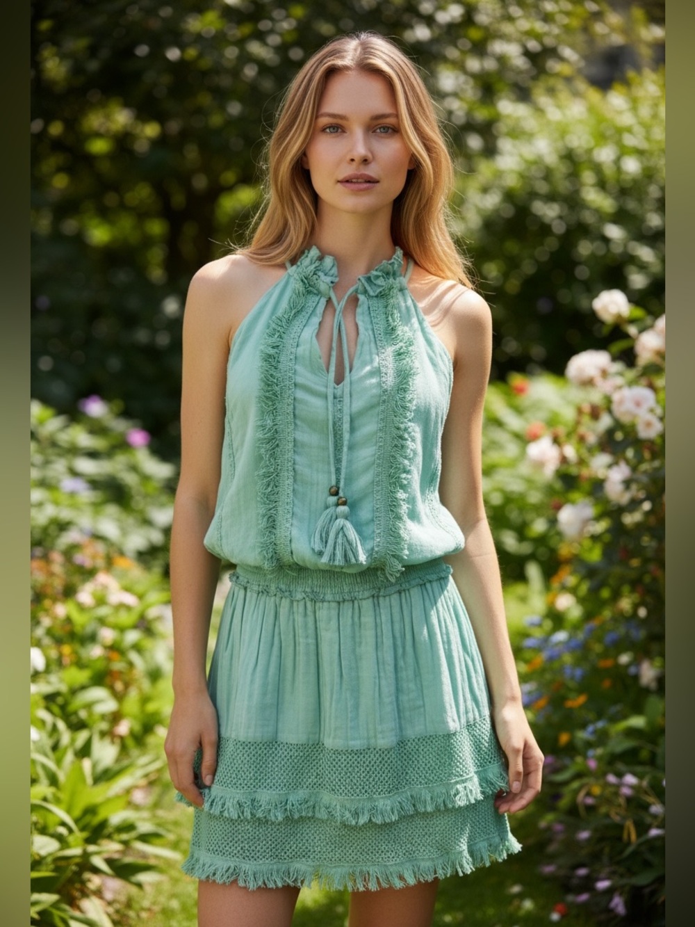 Mint Fringe Halter Mini Dress - Lightweight Summer Style